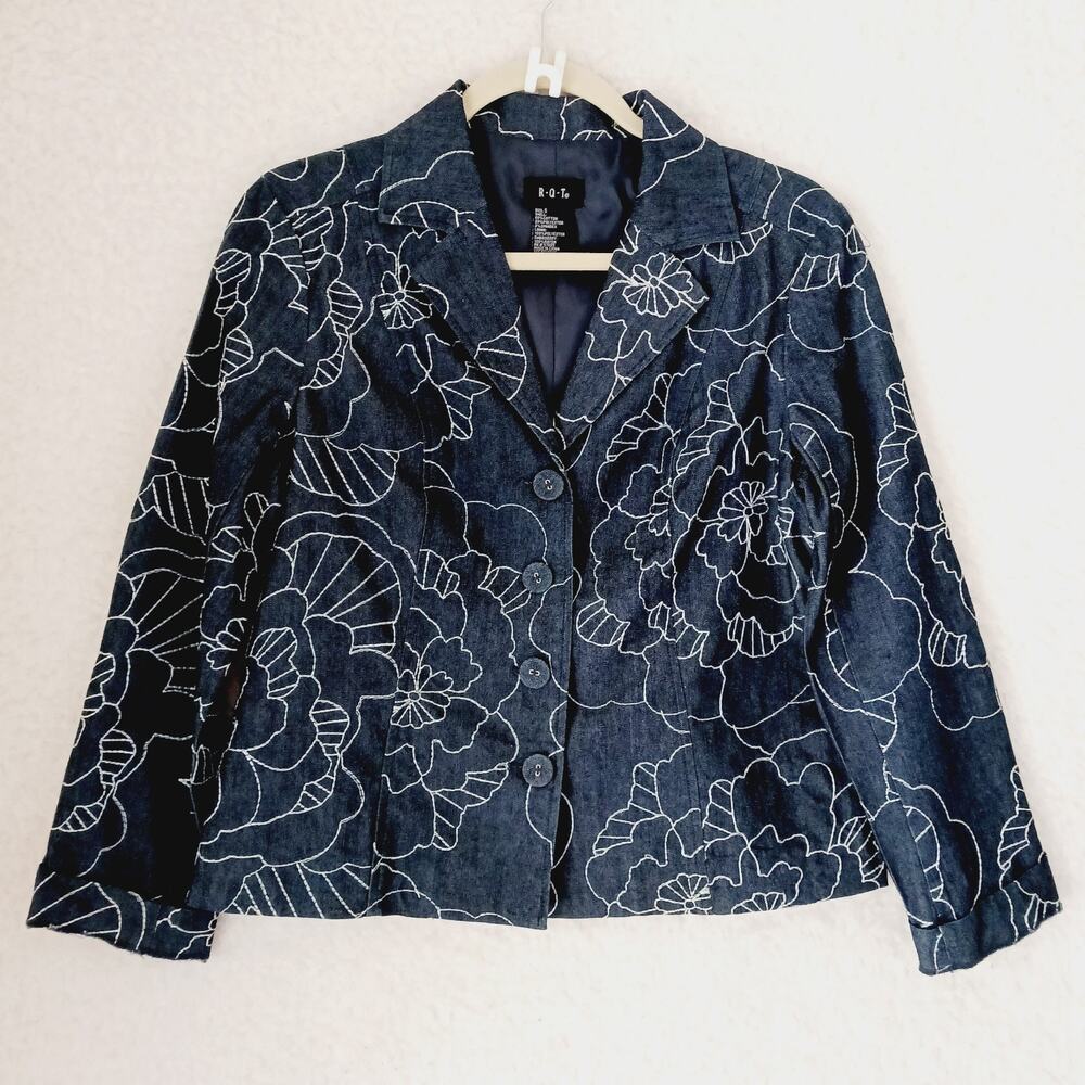 Jacket Women RQT Black Denim White Floral Embroidery Button-Up Back Lined Size S